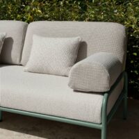 Chive recycled-content upholstery fabric in interior — 94% recycled olefin / 6% polyester, UV-stable, stain-resistant. Lifestyle view 3.