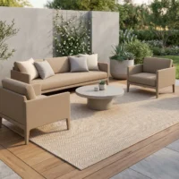 Harve outdoor rug in a sunlit garden lounge