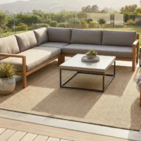 Nomad outdoor rug on a sunlit balcony