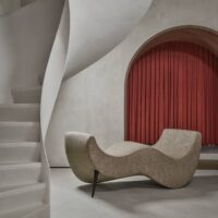 Pandan FR natural-look upholstery fabric in interior — PAN / polyester / cotton / modacrylic blend, heavy contract FR. Lifestyle view 1.