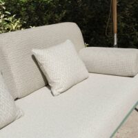 Thyme recycled-content upholstery fabric in interior — 94% recycled olefin / 6% polyester, UV-stable. Lifestyle view 2.
